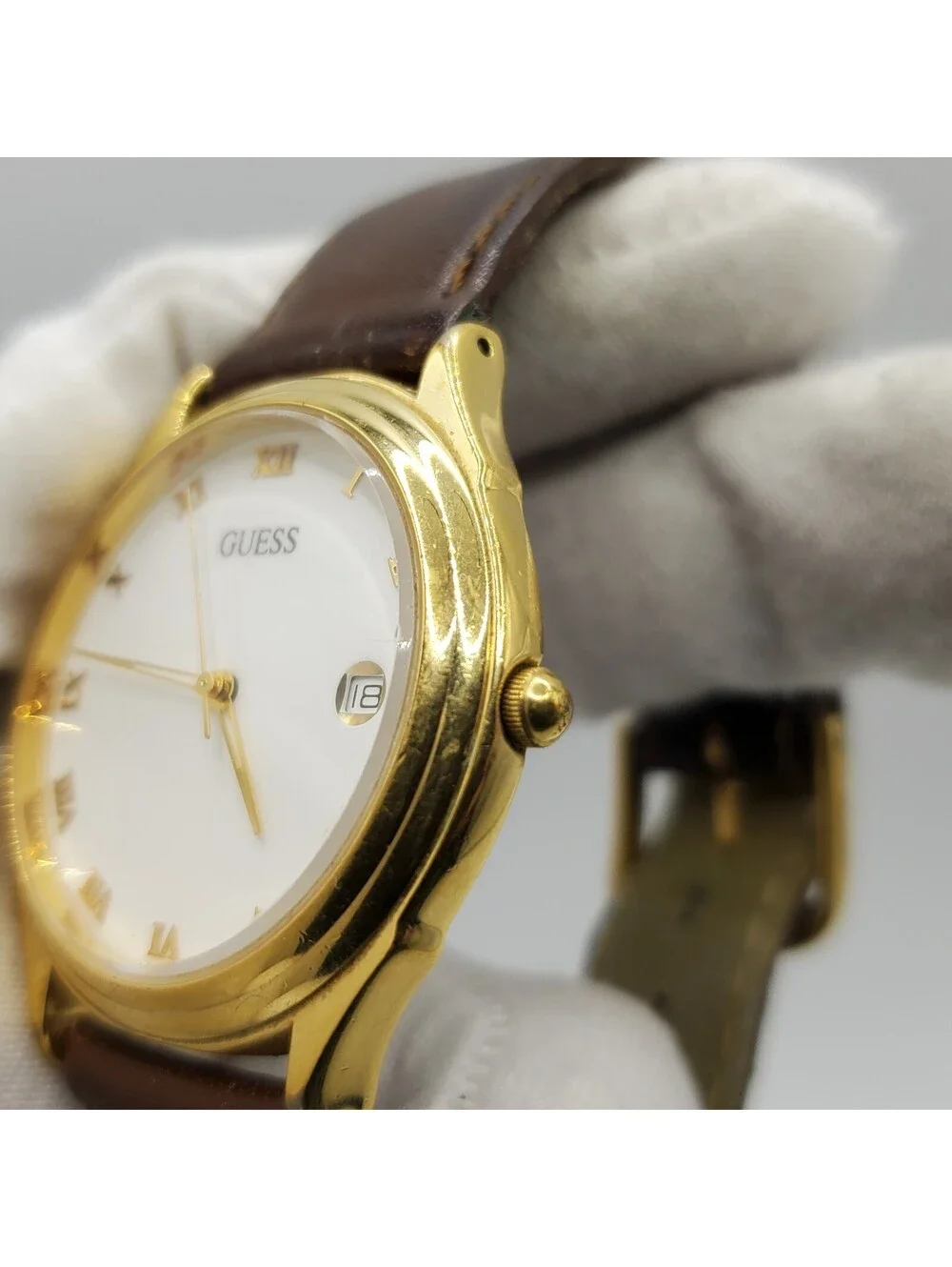 1992 Guess Watch For Parts Or Repair Gold Tone White Date Dial